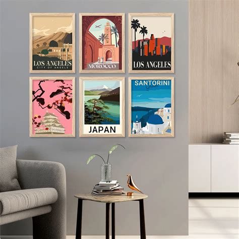 Travel Theme Iconic City View Retro Framed Posters for Wall Decor Set ...