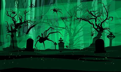 Halloween illustration, creepy cemetery, huge spiders, crooked tree ...