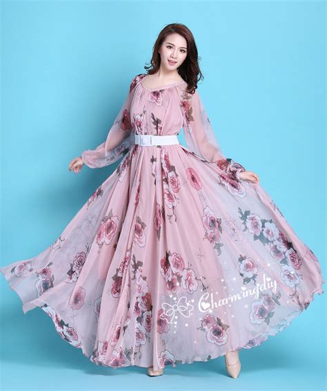 Pink Floral Chiffon Maxi Dress: Long Sleeve Evening Gown - Etsy | Robe ...