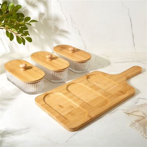 Buy Vamos Louisa Set of 3 Glass Serveware Set with Bamboo Tray - 400ml ...