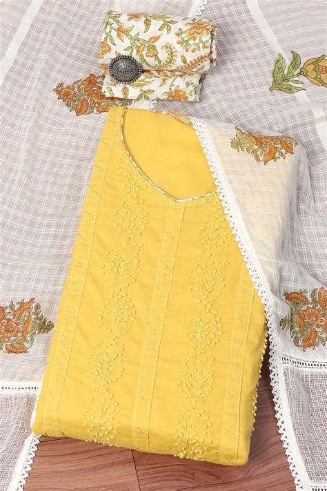 Buy Mustard Cotton Unstitched Suit Set Online at Biba India