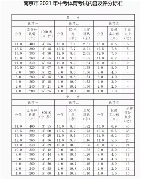 2021年江苏南京中考体育评分标准