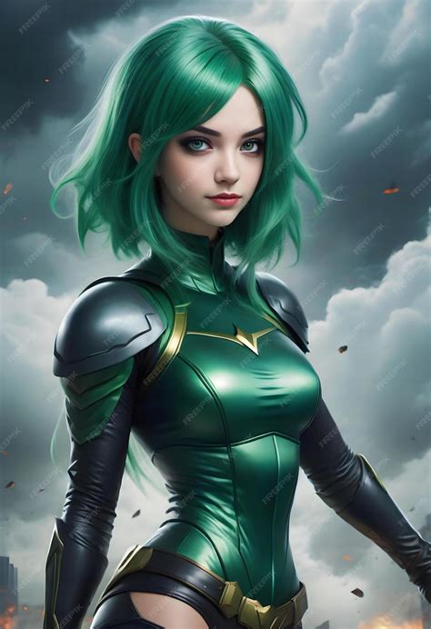 Premium Photo | Illustration of a female superhero with green hair ...