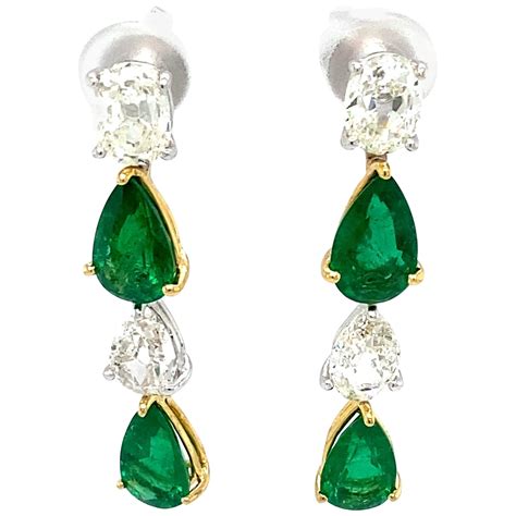 Pear Shaped Emerald Diamond White Gold Drop Earrings at 1stDibs