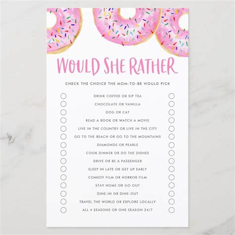 Pink Donuts Would She Rather Baby Shower Game | Zazzle | Sprinkle baby ...