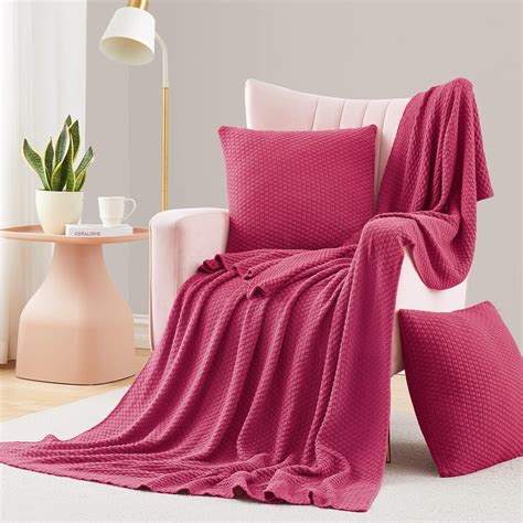 Amazon.com: TREELY 3 Piece Hot Pink Knit Throw Blanket Set,Warm Knitted ...