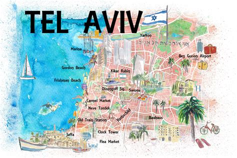 Tel Aviv Israel Illustrated Map With Roads Landmarks and ...