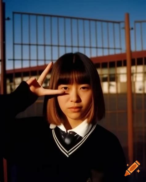 Portrait of japanese female art student making peace sign in front of ...