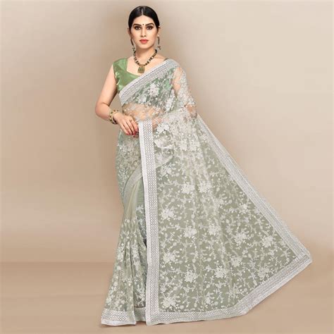 Green Partywear Floral Embroidered Soft Net Saree
