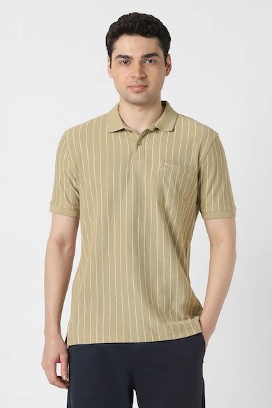 Peter England Polo T-Shirts, Men Beige Stripe Polo Neck T-shirt for T ...