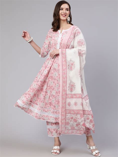 Pink Floral Printed Anarkali Kurta With Trouser And Dupatta – Trendphoria