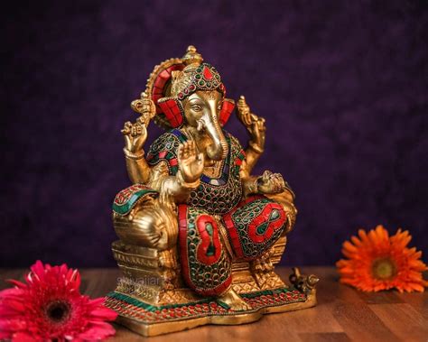 SHIVAJI ARTS SHIVAJIARTS Brass Ganesh Statue, 25CM Big Size Inlay India ...