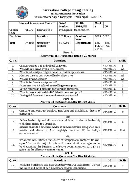 GE3751 Internal Assessment Test: Principles of Management - Studocu