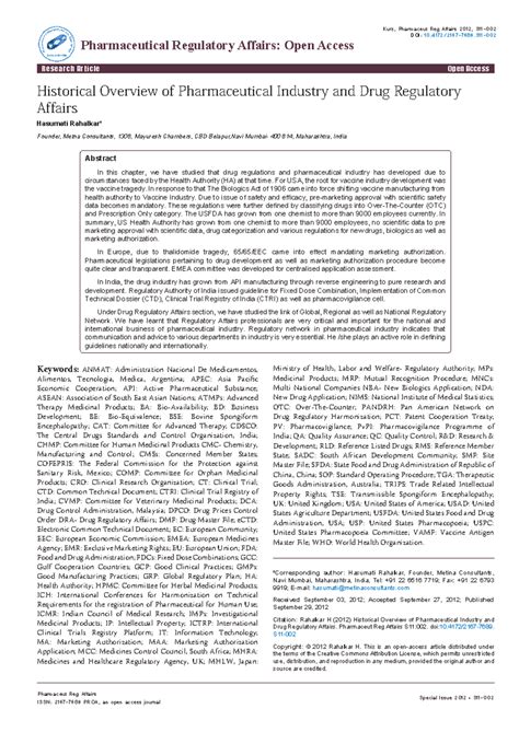 Rahalkar, 2012 , Pharmaceut Reg Affairs RA History copy - Pharmaceut Reg Affairs Special Issue ...
