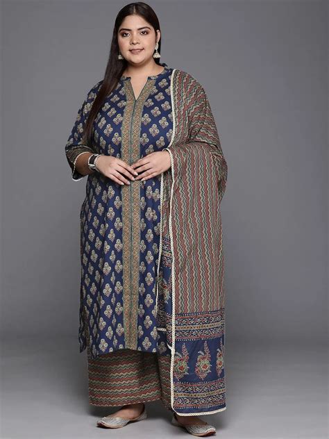 Buy Plus Size Blue Printed Cotton Straight Suit With Dupatta Online at ...