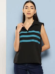 CHEMISTRY Striped Women Polo Neck Black T-Shirt - Buy CHEMISTRY Striped ...