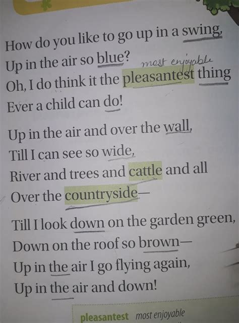 1.how does the child in the poem describe going up in a swing in the ...