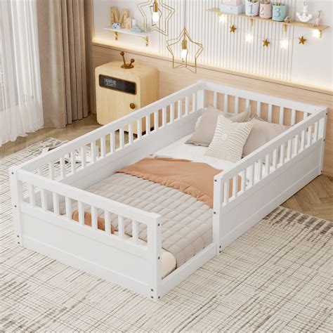 Harriet Bee Floor Bed Frame With Fence, Wood Kids Floor Beds Frame For ...