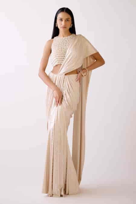 Buy Gold Shimmer Lycra Embroidery The Champagne Evening Pre-draped ...