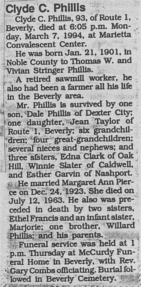 "Clyde C. Phillis," obituary, Marietta Times (Marietta, Ohio); Obituary ...