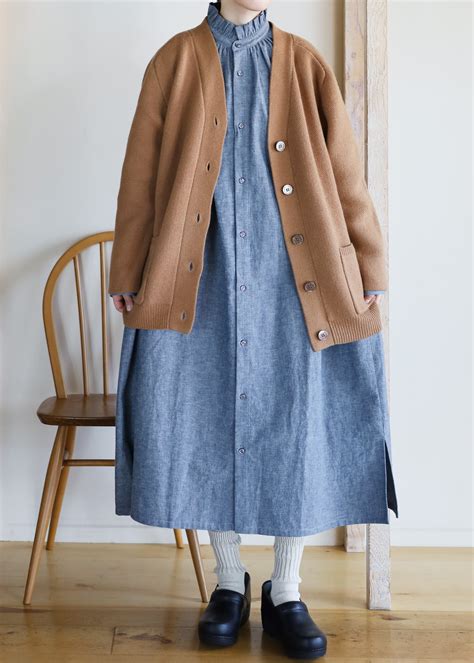 Honnete - Cotton Linen Denim フリルワイドワンピース - Blue | merle