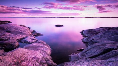 Wallpaper lake, stones, landscape, shore, clouds, purple hd, picture, image