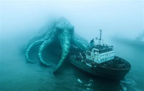 Wallpaper Sea, Fog, Ships, Digital art, Sea monster, AI art, The Art of ...