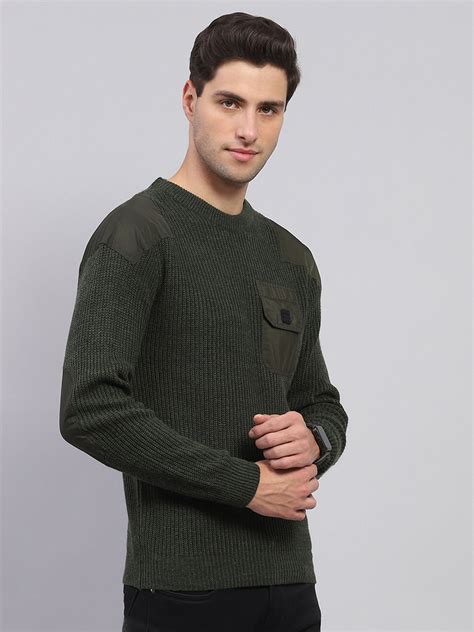 Buy Men Olive Solid Round Neck Full Sleeve Pullover Online in India ...