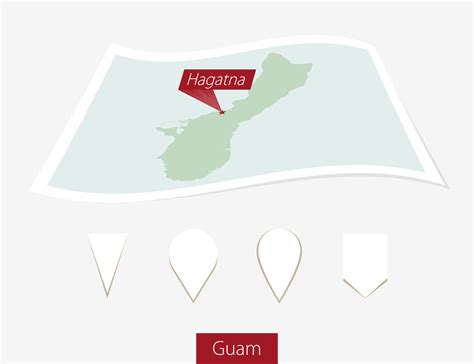 Curved paper map of Guam with capital Hagatna on Gray Background. Four different Map pin set ...