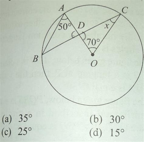 Find x of angle AOC= 70° and angle BAO = 50° whereO is centre of the ...