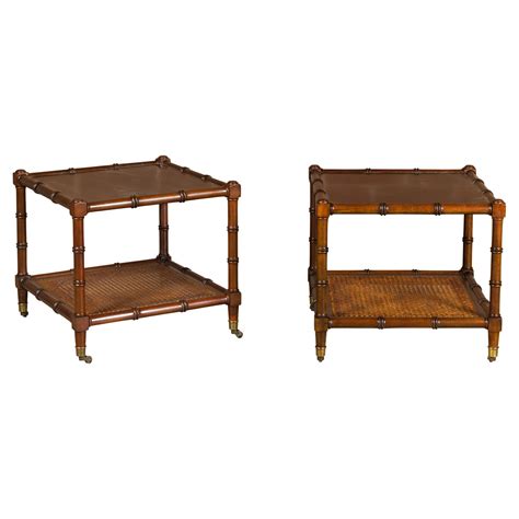 English Midcentury Walnut, Faux Bamboo and Cane Low Side Tables on ...