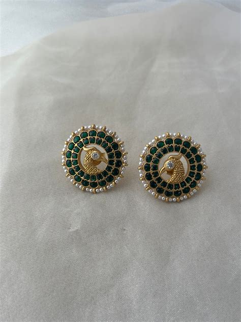 Gold-Plated Silver Garuda Earrings with Emeralds & Antique Pearls