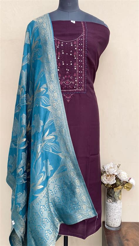 Designer Embroidered Suit Length 3 Piece Wine Muslin Cotton – Chikirpolo