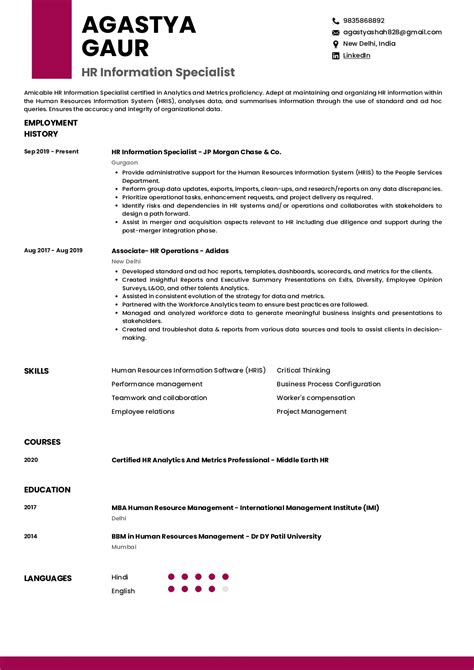 Sample Resume of HR Information Specialist with Template & Writing Guide | Resumod.co