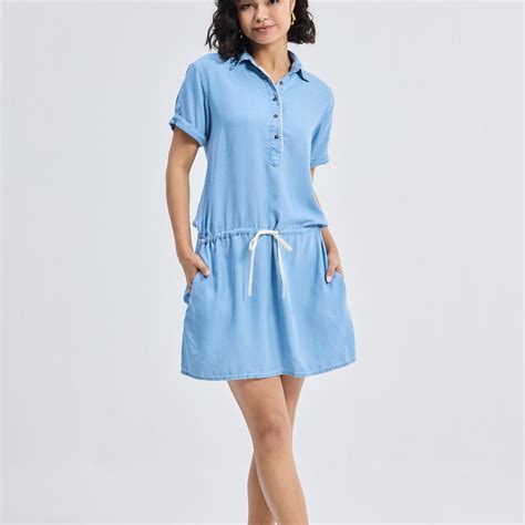 Drawstring Denim Shirt Dress with Front Buttons in Blue – Reistor
