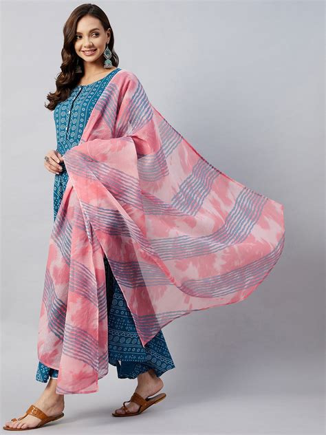 Ocean Bandhani narkali Kurta Pink Kota Dupatta Set