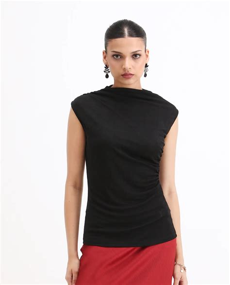 Rareism Women'S Zoptus Black Cotton Fabric High Neck Regular Fit Plain