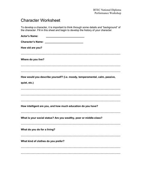 Character Development Worksheets
