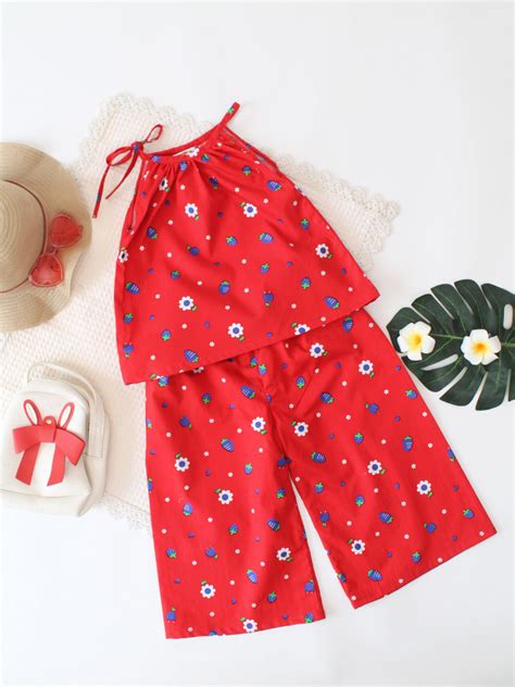 Qvink Red Summer Satin Girls Co ord Set with Side Tie-up Top
