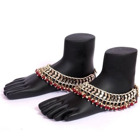 Gold Plated Delicate Mirror Stones Payal / Anklets with Red Color AD ...