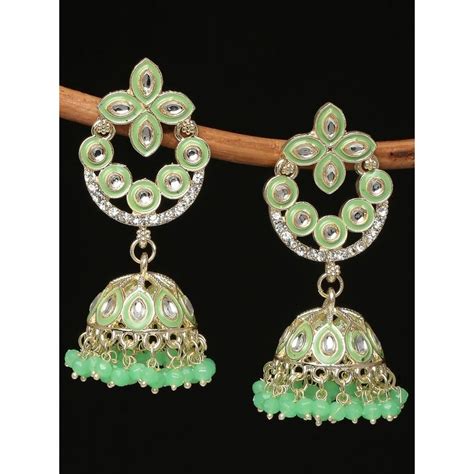 Buy OOMPH Mint Green Meenakari & Kundan Floral Ethnic Jhumka Earrings ...