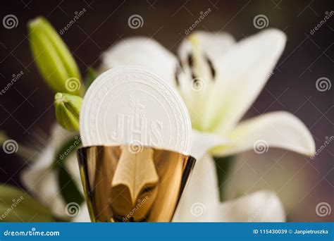 Holy Communion a Golden Chalice with Grapes and Bread Wafers Stock ...