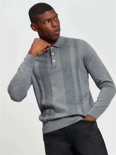 Long Sleeved Textured Polo in Grey Marl - Ben Sherman UK