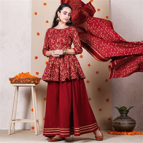 Buy Maroon Festive Gold Printed Kurta Set with Dupatta for Women ...