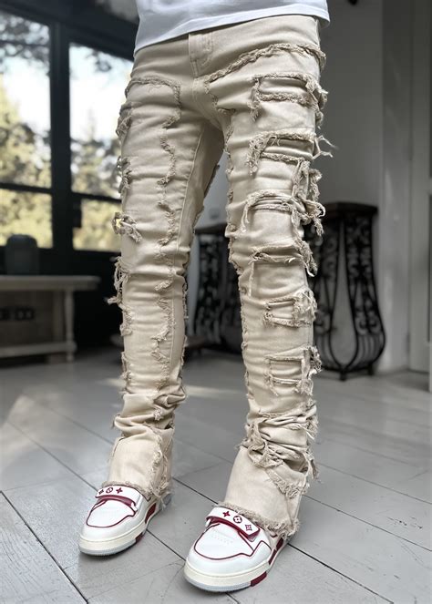 Men Regular Stacked Jeans Patch Distressed Destroyed Straight Denim ...