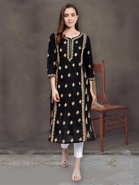 Seva Chikan Hand Embroidered Black Cotton Lucknowi Chikankari Kurta