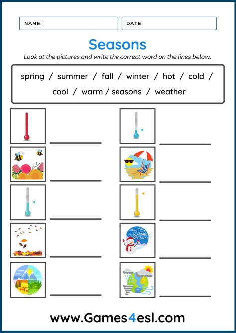 Four Seasons Worksheets For ESL Kids | Games4esl