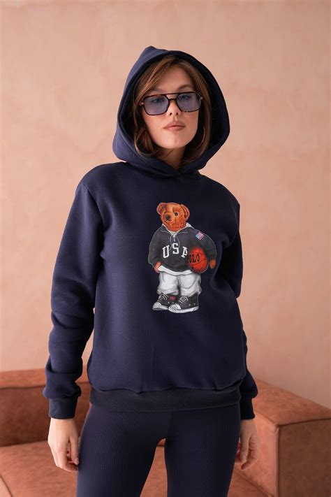 Navy Blue Teddy Bear Patterned Three-Thread Brushed and Hooded ...