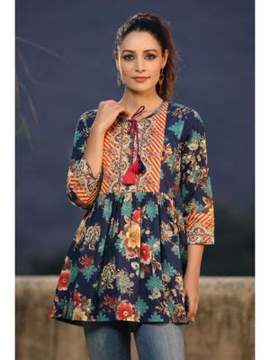 Buy Rain & Rainbow Women Blue Floral Print Tie-up Neck Pure Cotton ...