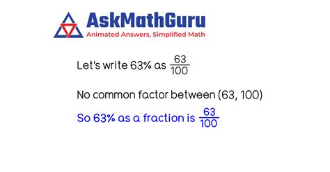 What is 63 percentage as a fraction | Percent as a fraction in simplest ...